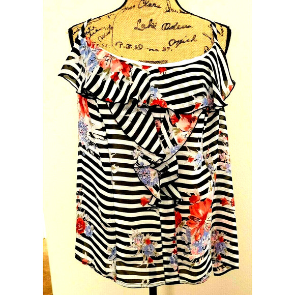 Pure Energy Tops - Pure Energy Blouse Sleeveless Stripe Floral Ruffle
